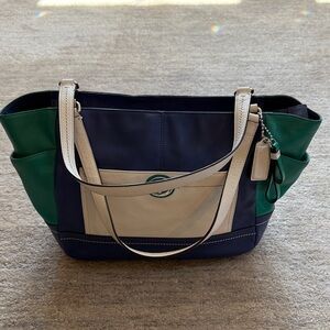 Genuine Coach colorblock Royal Navy, Jelly Green & White Leather purse.
